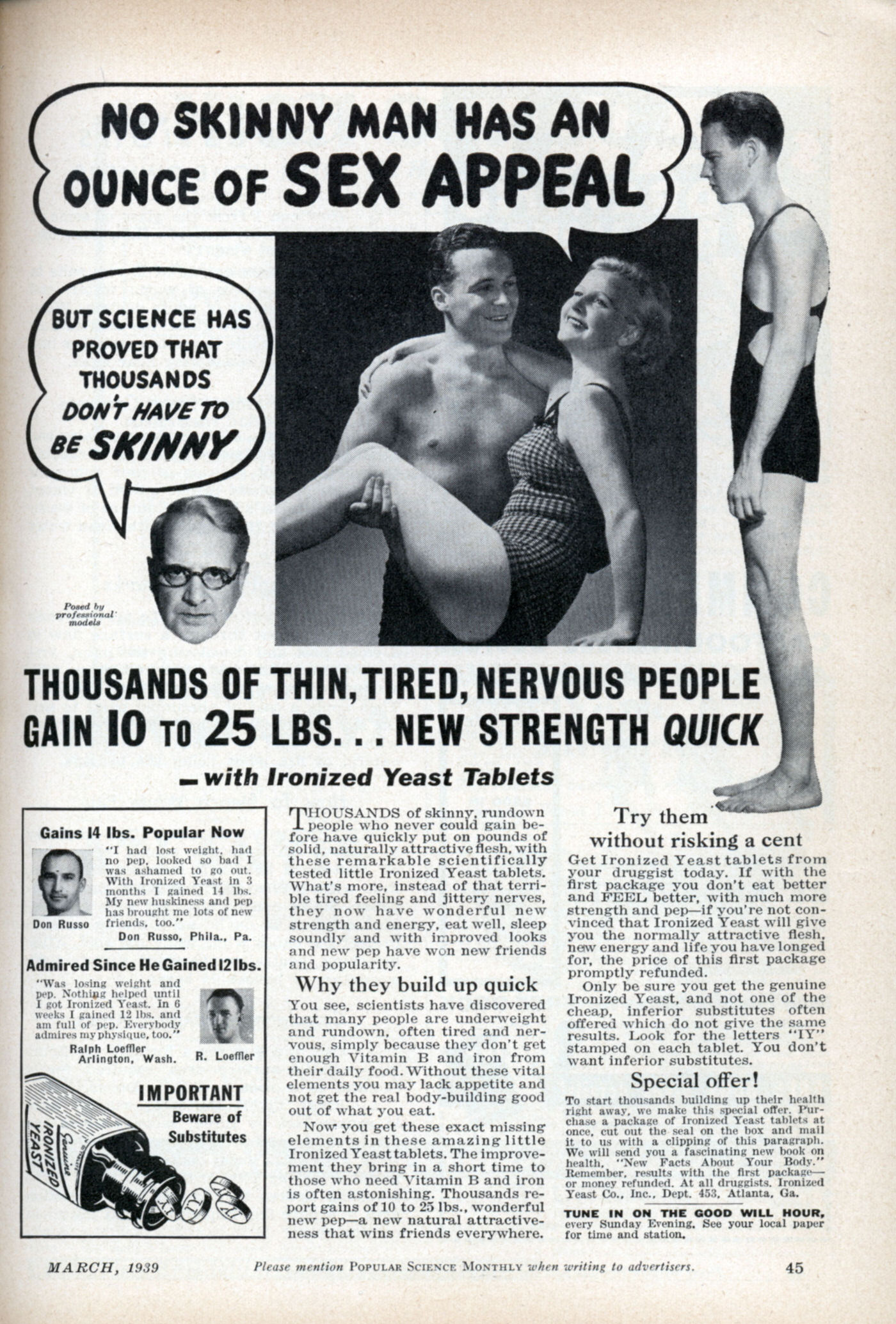 No Skinny Man has an Ounce of Sex Appeal: A Look into 1930s Ads Urging Men to Gain Weight Vintage Ad