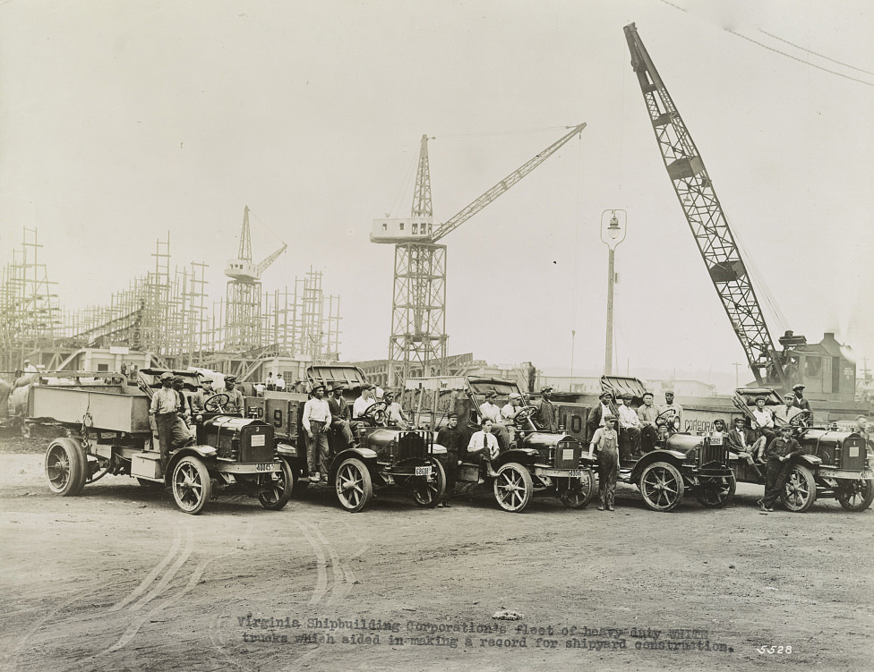 #51 Virginia Shipbuilding Corporation’s fleet of heavy duty White trucks which aided in making a record for shipyard construction, 1918