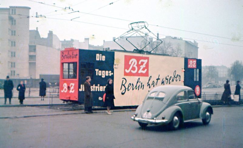 #9 A tram wrapped for Berlin’s biggest circulation tabloid, Berlin, 1954