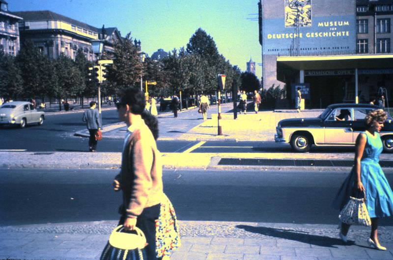 #50 Unter den Linden. At the junction with Friedrichstrasse, looking east. Berliner Dom and Rotes Rathaus can be seen in the distance, September 11, 1959.