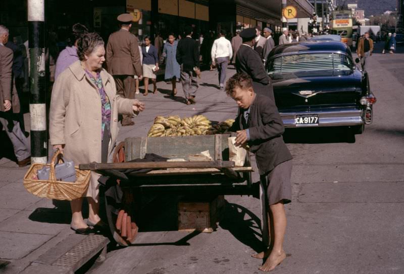 #256 Young boy selling bananas on curb, 1960s