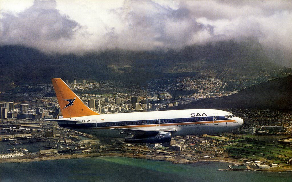 #30 SAA over Granger Bay, 1985. The Boeing 737, Olifants, of the South African Airways makes a low pass over Granger Bay.