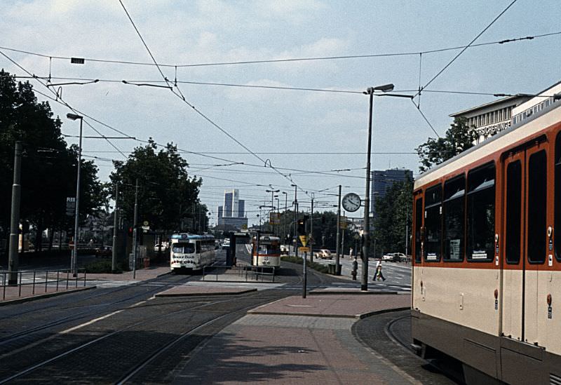 #7 Frankfurt M and N series articulated trams in central Frankfurt, July 11, 1982