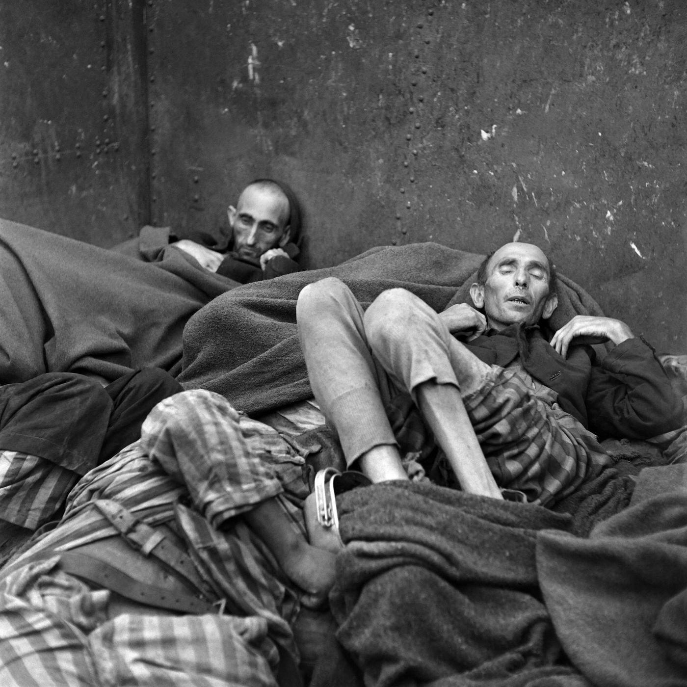 #14 Prisoner’s dead bodies stacked in a train near Dachau concentration camp after its liberation by the US Army in late April or early May 1945.