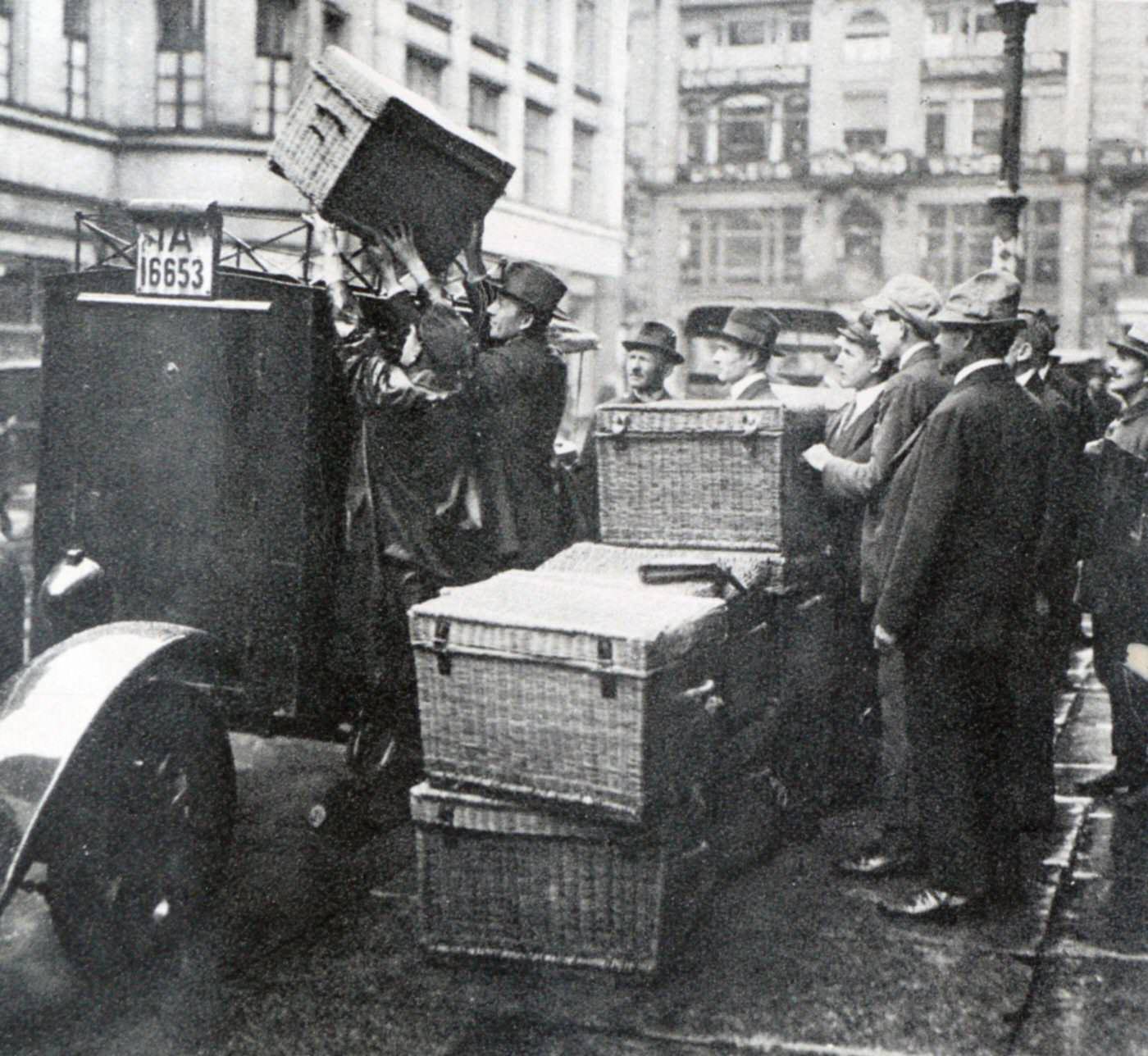 #10 Basket loads of money loaded on a vehicle during Weimar German hyperinflation, 1923.