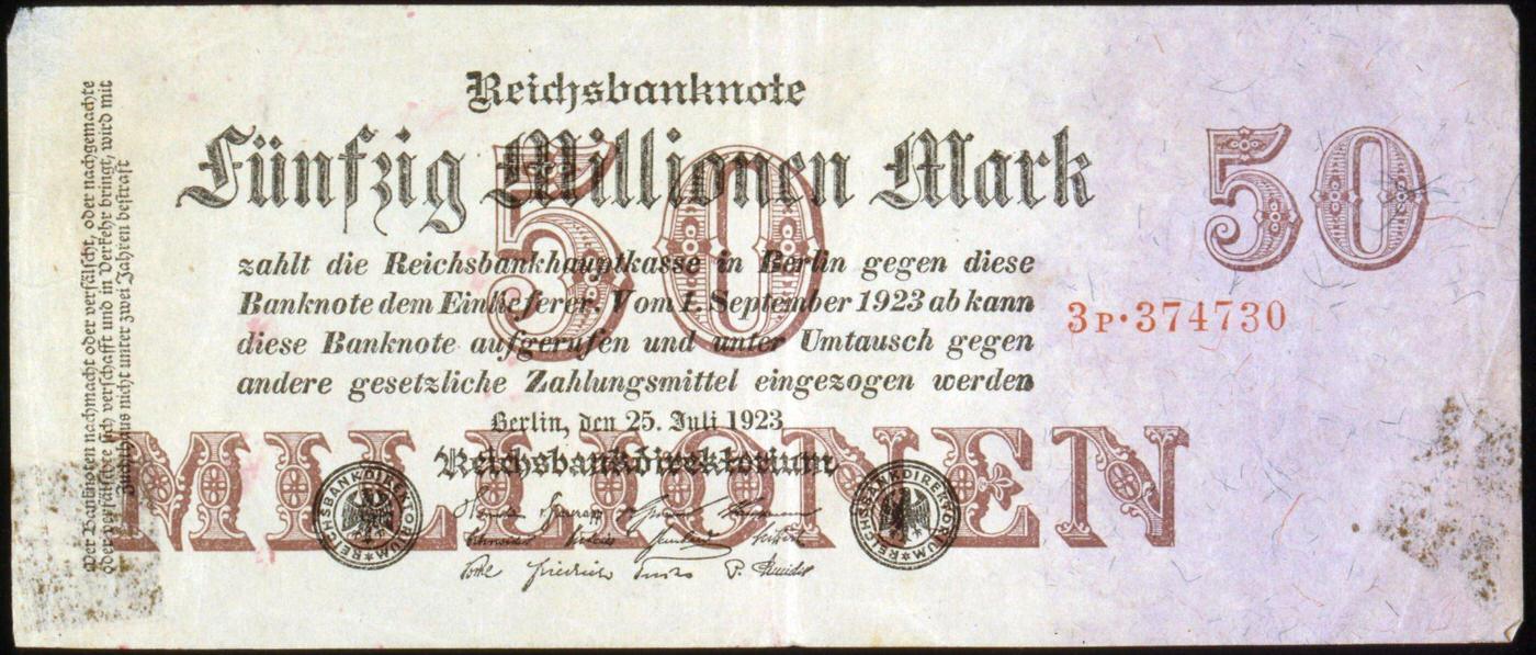 #20 50,000,000 Mark banknote issued in Germany during hyperinflation, 1923.
