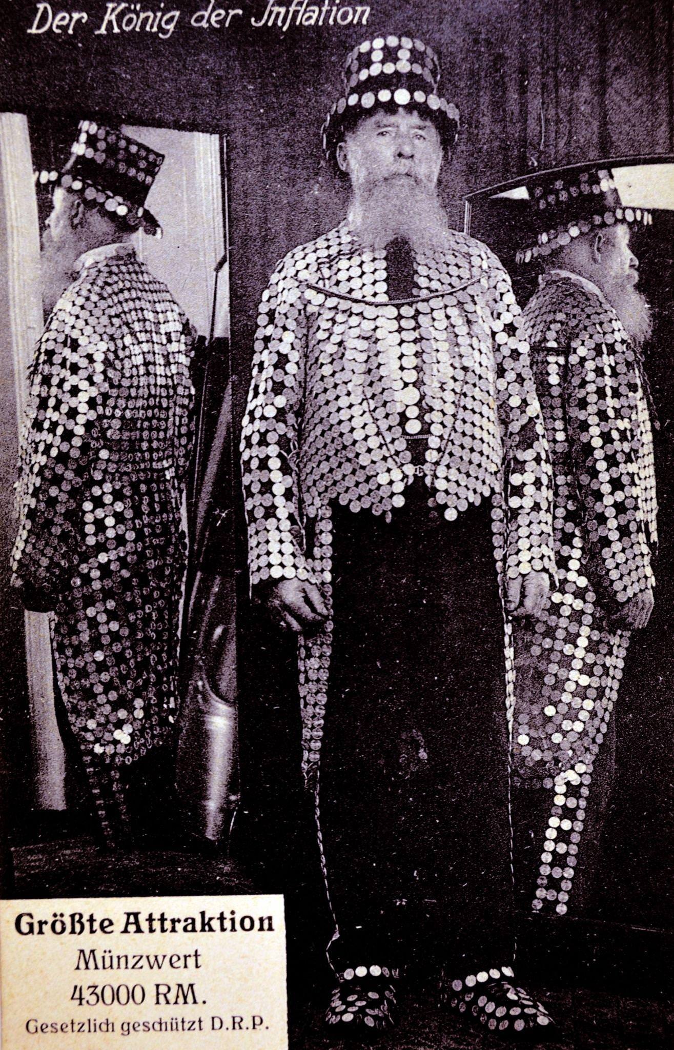 #2 German man clothed in worthless coins due to hyperinflation, 1923.