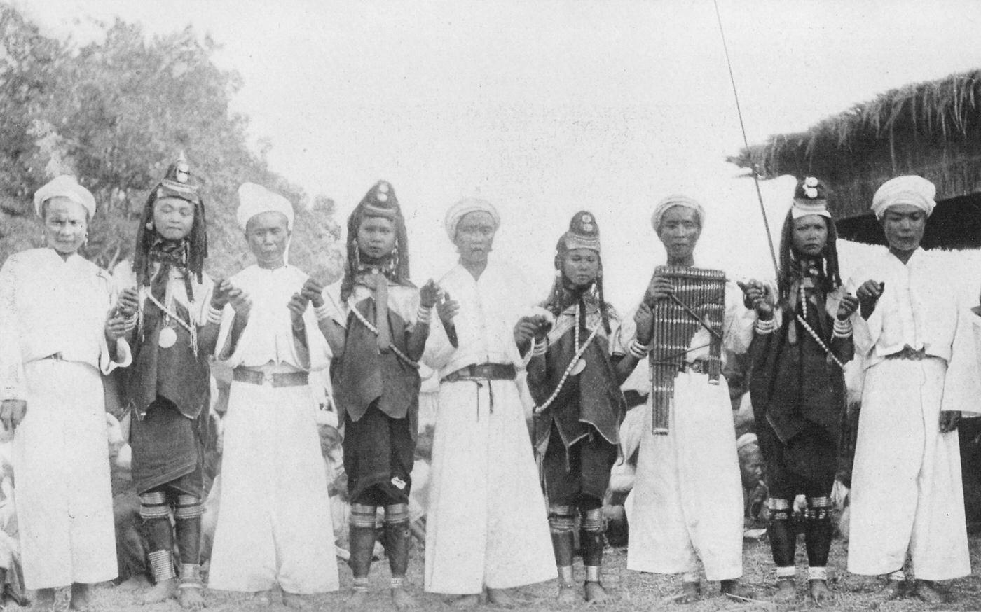 #4 Tribe members performing a Padaung dance in traditional clothing, Myanmar, 1922.