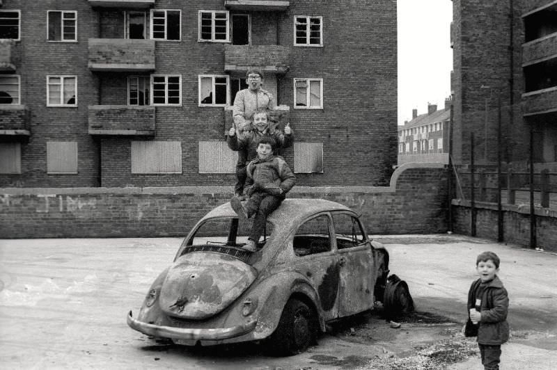 #152 Four boys on Beetle, Vauxhall Rd area, 1980s