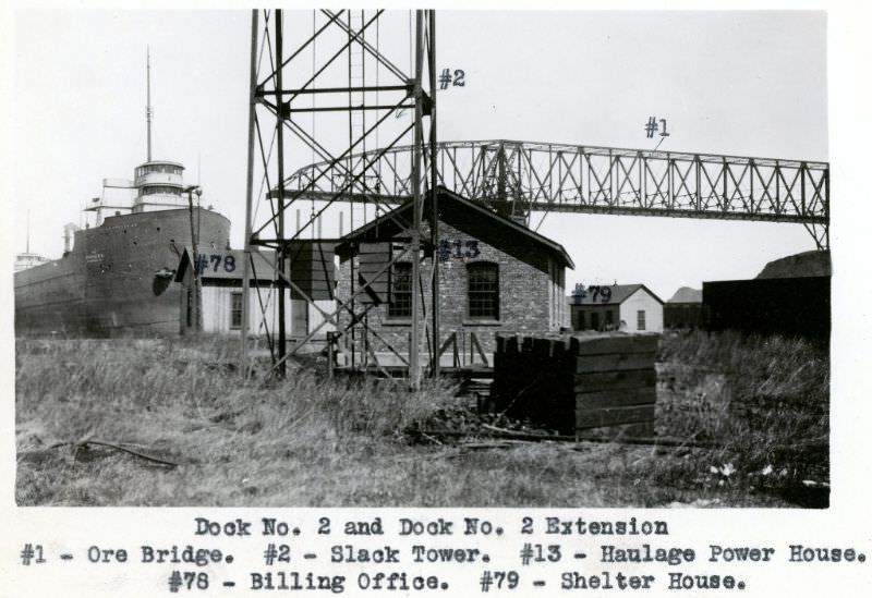 #7 NYCRR Dock No 2 and Dock No. 2 Extension. Ore Bridge, Slack Tower, Haularge Power House, Billing Office, Shelter House, 1924