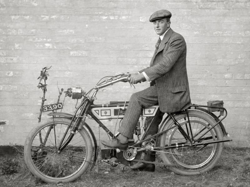 #39 Man a circa 1908 3 1/2 horsepower Bradbury motorcycle, somewhere in Victoria, Australia, 1908