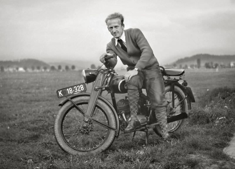 #17 Puch motorcycle and rider, somewhere in Austria, circa 1930s