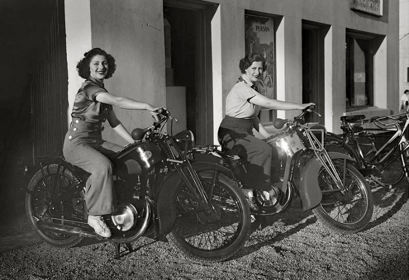 #26 Ladies on Meister motorcycles, circa 1940s