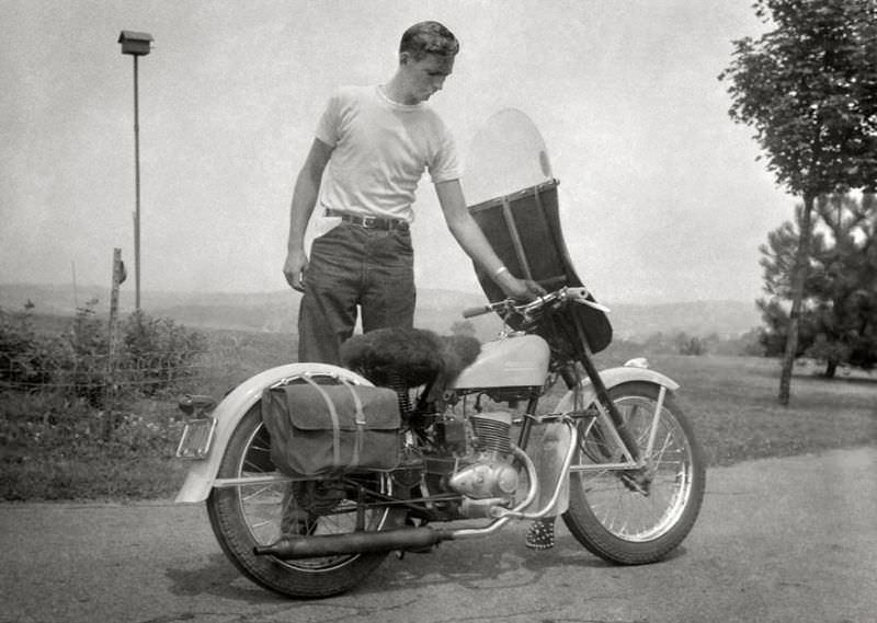 #32 Puch motorcycle and rider, somewhere in Austria, 1951