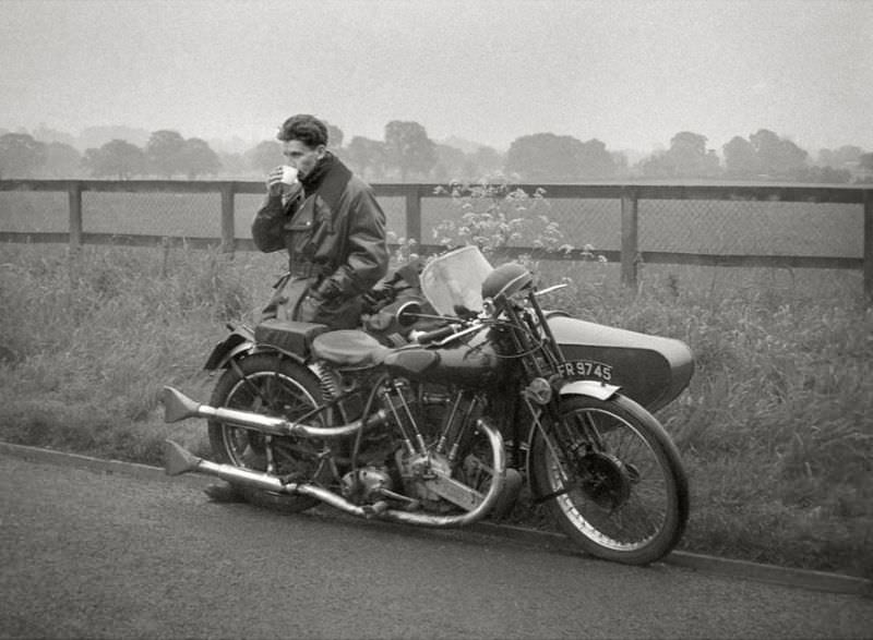 #34 Brough motorcycle and sidecar, on the Isle of Man, 1955