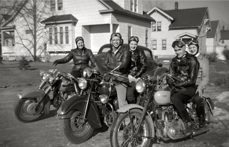 #36 A team of motorcycles and riders, including a Triumph, Indian and Harley-Davidson, somewhere in Wisconsin, 1950s