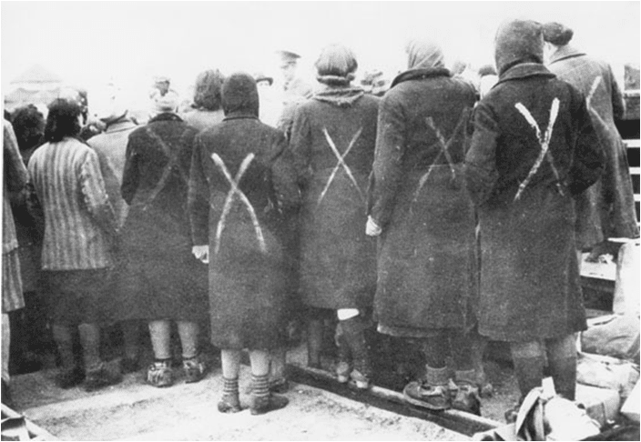 #2 Surviving female prisoners gathered when the Red Cross arrive at Ravensbrück in April 1945. The white paint camp crosses show they are prisoners, not civilians.