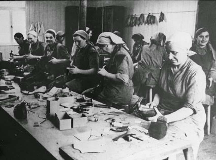 #9 Women prisoners at work in the shoe repair workshop of Ravensbrück.