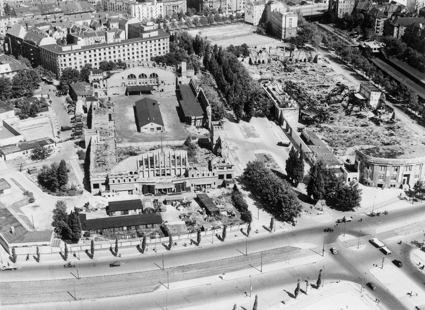 #16 Aerial view of the destroyed fairground halls at the Funkturm, Berlin, British sector.