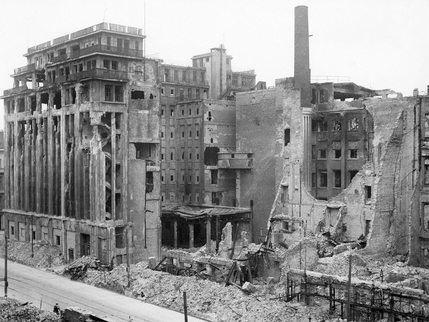 #27 View of the destroyed building of the Scherl publishing house in Kochstrasse, Berlin, American sector.