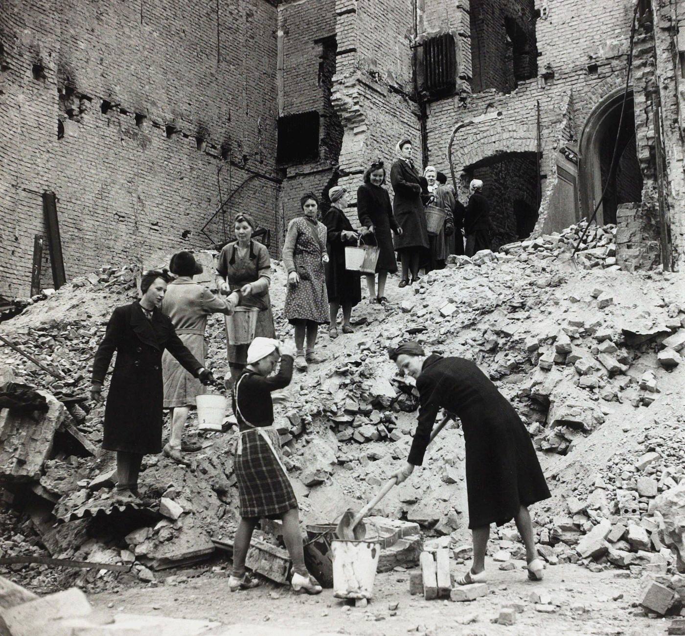 #39 German women clearing up debris and rubble during the cleanup in Berlin after the devastation of World War Two, 1945.