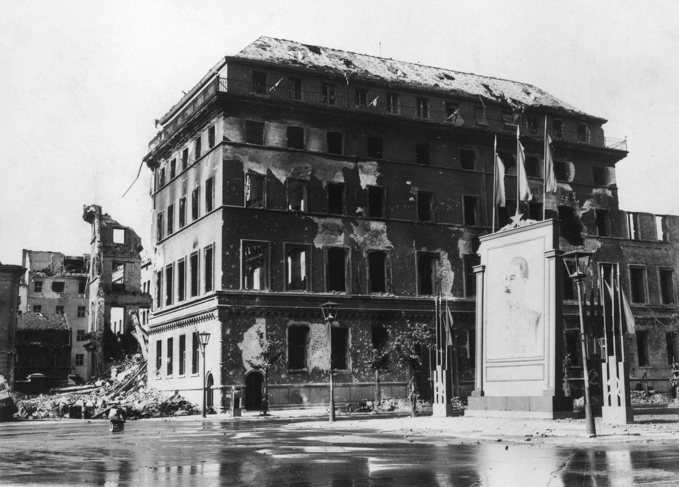 #51 Shell of the Adlon Hotel in Unter den Linden, Berlin, still standing but windowless, 1945.