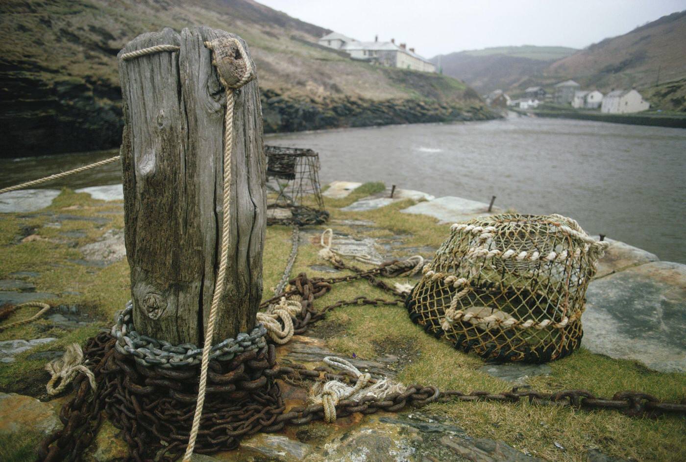 #2 Mooring post with chains and fishing baskets, Boscastle port, Cornwall, April 1970.