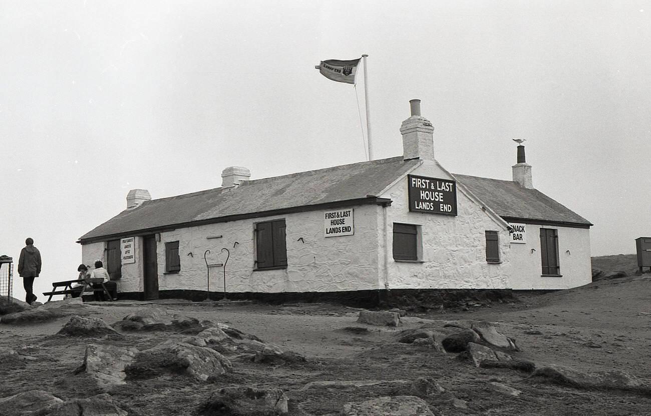 #25 View of the ‘First & Last House’ at Land’s End, historic cottage selling refreshments and souvenirs, Cornwall, 1970s.