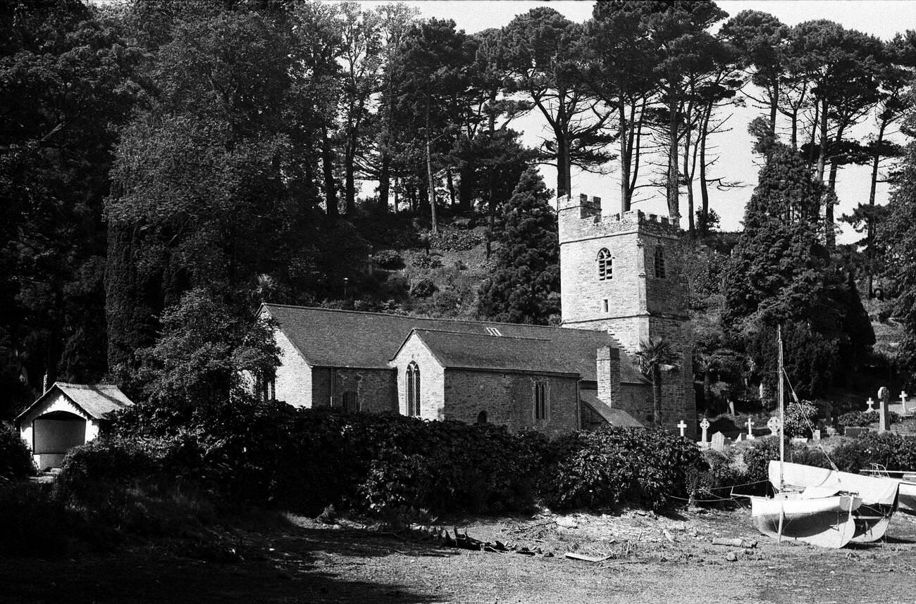 #36 St Just in Roseland Church, a 13th-century church with riverside gardens, Cornwall, June 1975.