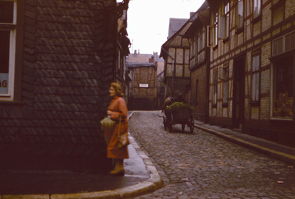 #58 Street scene with horse-drawn cart in Goslar, 26 June 1958