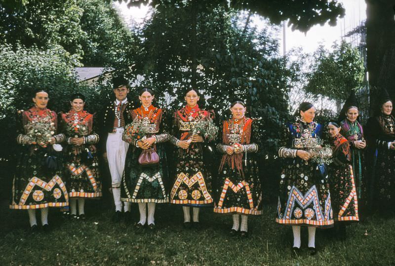 #96 Several Women and a Man in traditional costumes, Spring or Folk Festival, Wurzburg.