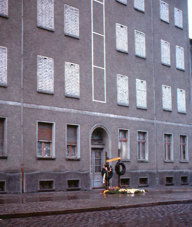 #108 A small monument to East Germans who died, attempting to get to West Berlin by jumping out of higher windows on Bernauer Strasse, Germany, 1960s