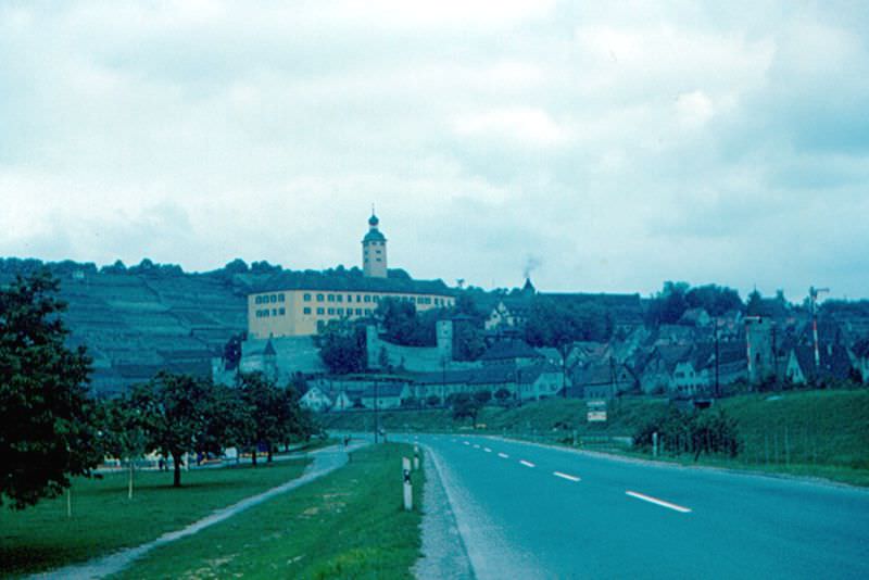 #161 Gundelsheim from Bundesstrasse 37, near the station, showing Schloss Horneck, Germany, 1960s