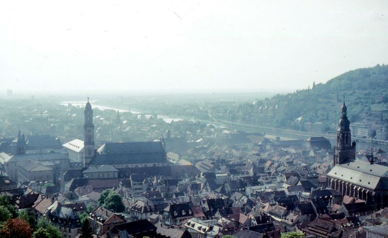 #166 Heidelberg from castle. The Neckar River is in the background, Germany, 1960s