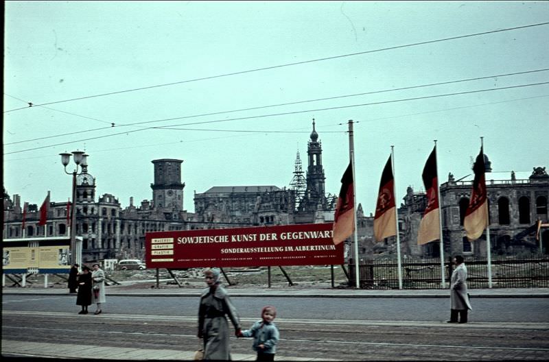 #247 Banner on a site clearly still damaged by the war, advertising a ‘Contemporary Soviet Art’ exhibition, Dresden
