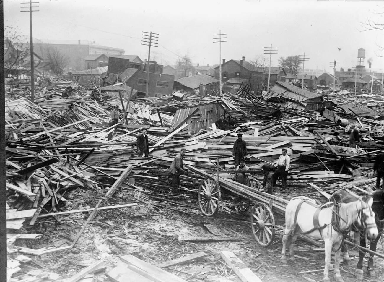 #15 Flood scenes in Dayton, Ohio, 1913. Collapsed timber buildings.