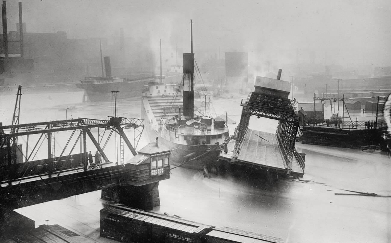 #43 Bridge being swept away by the Great Flood of 1913 in Cleveland, Ohio.