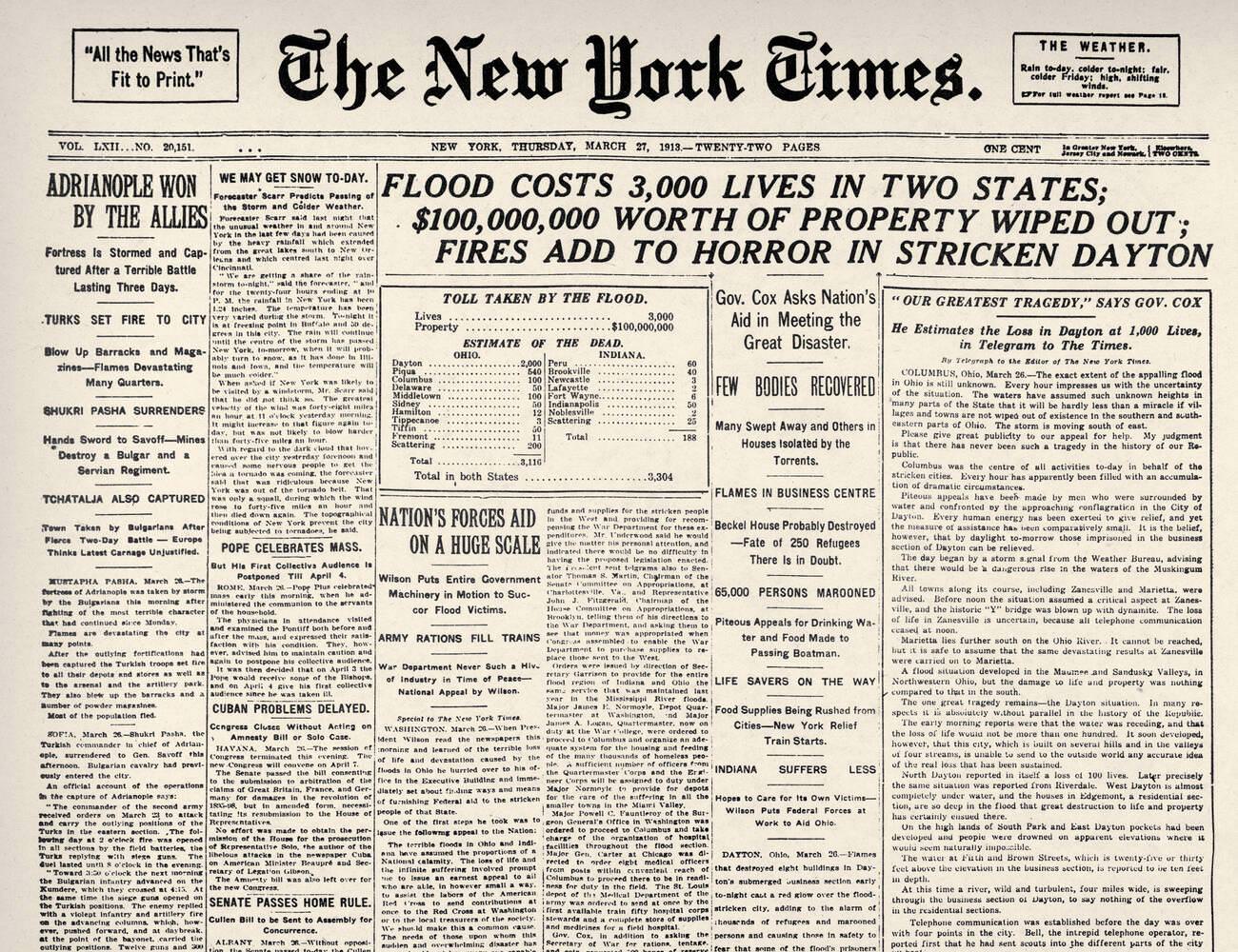 #49 Front page of “The New York Times” of March 26, 1913, reporting the floods in Ohio and Indiana.