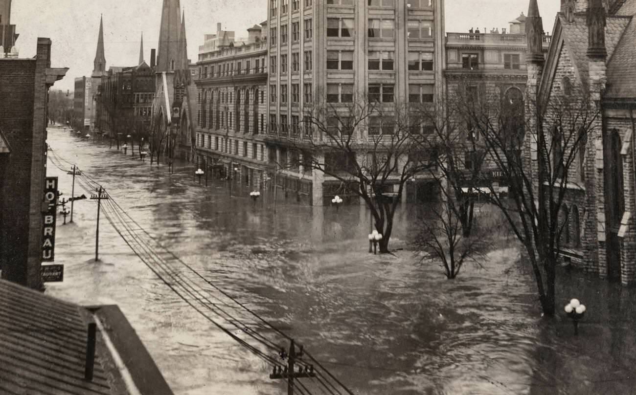 #52 Flood waters on Ludlow Street in downtown Dayton, Ohio during the Great Flood of 1913.