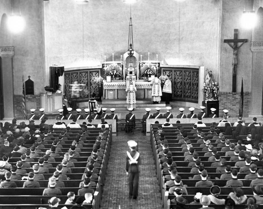 #44 A military high Mass was celebrated at St. Benedict’s Catholic Church in Richmond, with Benedictine High School cadets acting as a military escort, 1938.