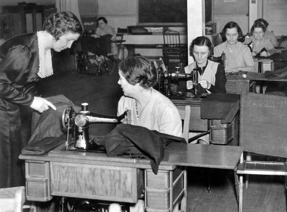 #46 Some of the 31 women engaged in the Works Progress Administration sewing project in Suffolk, 1938.