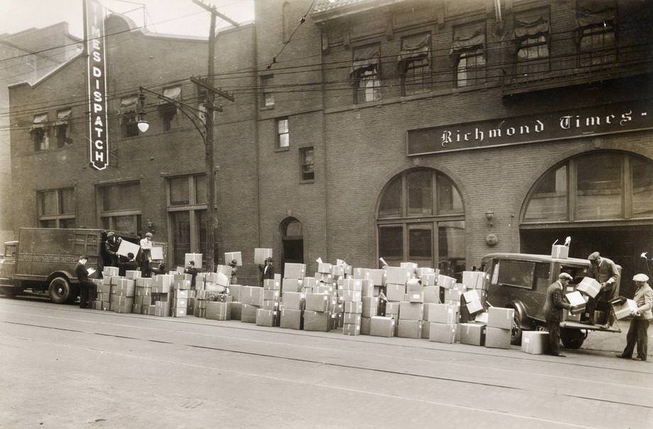 #50 Boxes of donations secured through the Richmond Times-Dispatch’s Good Fellows Club were piled outside the newspaper building, 1932.
