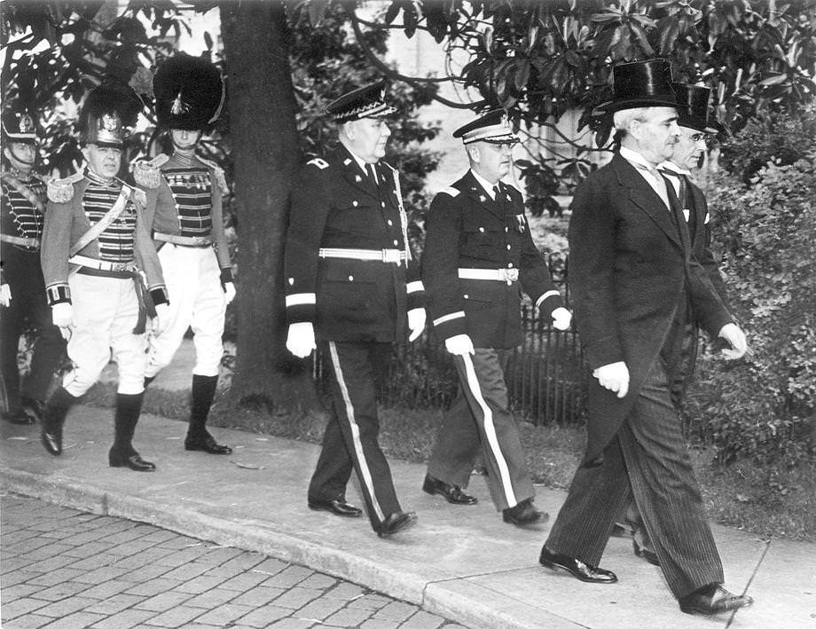 #58 Gov. James H. Price and Richmond Mayor John Fulmer Bright, followed by officers of the Connecticut Governor’s Foot Guard, led the procession to St. Paul’s Episcopal Church for the Richmond Light Infantry Blues’ annual memorial service, 1939.