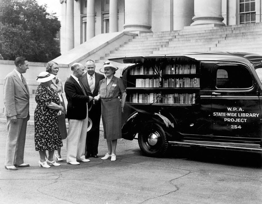 #61 At the state Capitol in Richmond, the first of a planned dozen Chevrolet bookmobile of the Statewide Library Project was put into service, 1939.