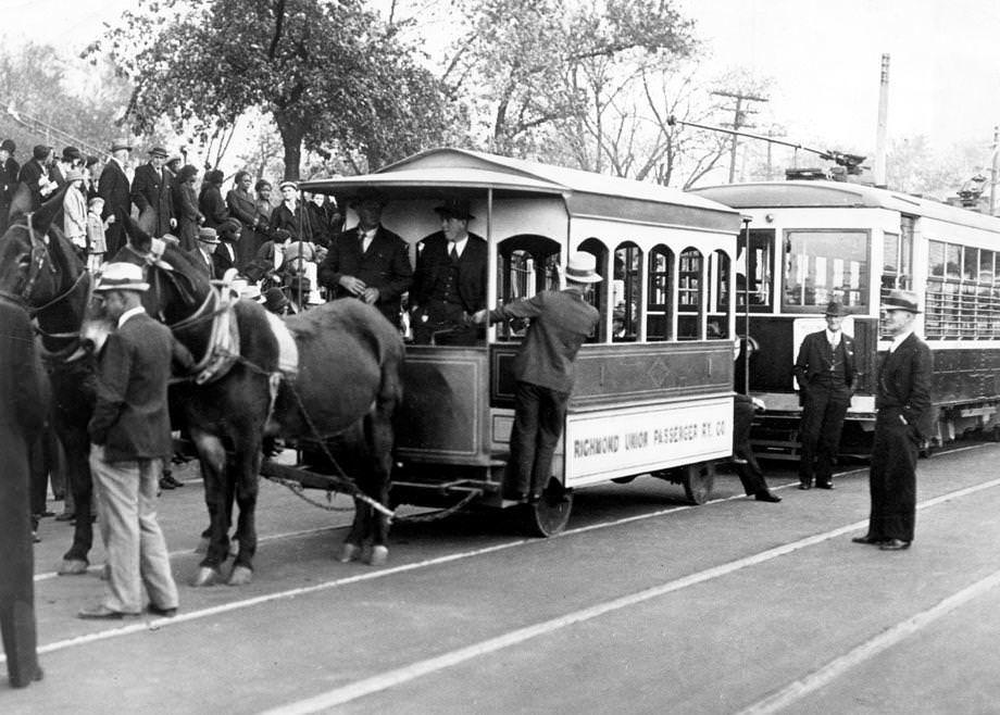 #62 A reproduction of a mule-drawn trolley was the first vehicle to cross the newly restored Marshall Street Viaduct in Richmond, 1934.