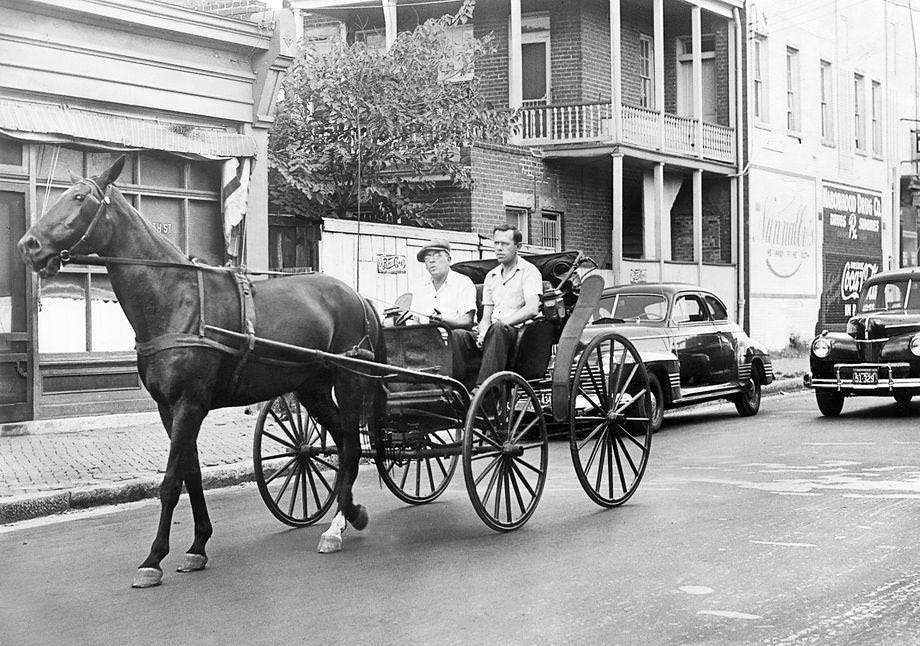 #84 Amid a nationwide gas shortage, Harry J. Donati (left) and Joseph G. Robben drove their horse-drawn carriage down 25th Street in Church Hill in Richmond, 1941.