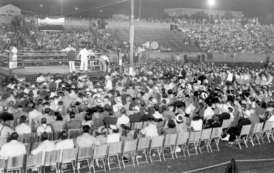 #92 The Police Benevolent Association presented its sixth annual boxing show at City Stadium, headlined by Jimmy Webb, Johnny “Bandit” Romero, Georgie Abrams and Richmond’s Joey Spangler, 1941.