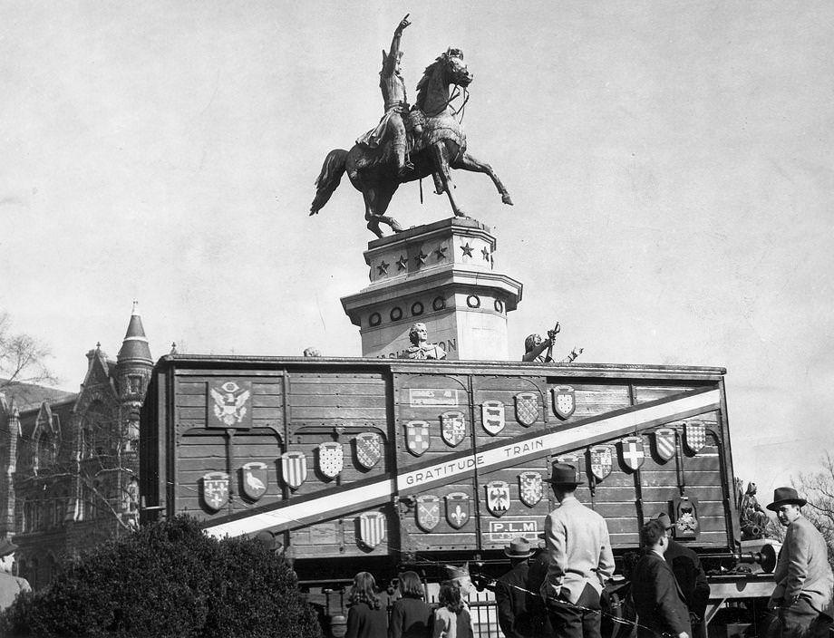 #115 A boxcar from France’s “Merci Train,” loaded with gifts for Virginians, arrived in Richmond, 1949.