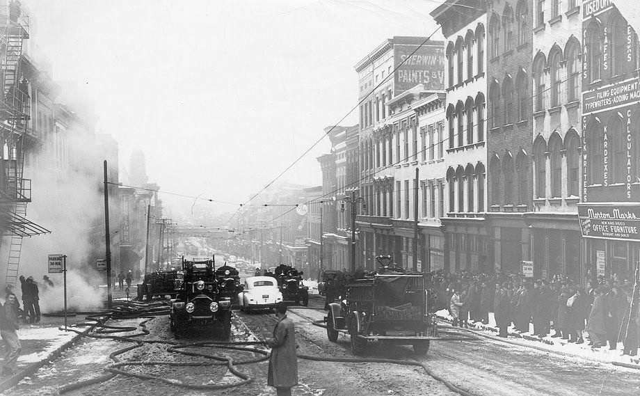 #137 Morton Marks 1217 E Main St. The block at left is between 13 & 14 on East Main St & looking East on Main. Fire, 1943.
