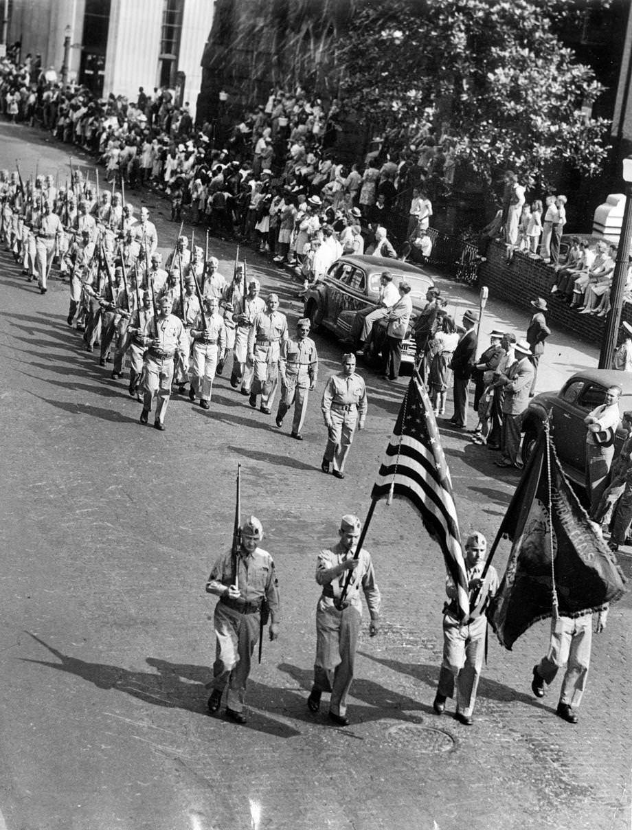 #143 The historic Richmond Grays marched in a Memorial Day parade en route to Hollywood Cemetery in Richmond, 1946.